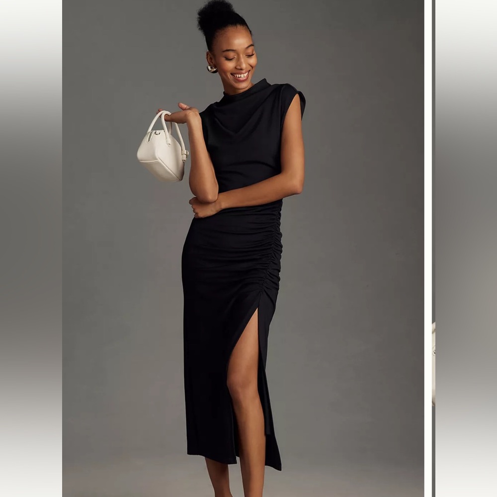 Worn Twice Anthropologie Maya Ruched Midi Dress Black Medium Petite